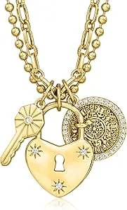 Ross-Simons 14kt Yellow Gold-Plated Key, Heart Lock And Coin Charm Necklace With 1.00 Ct. T.W. Czs. 30 Inches
