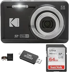 Kodak Pixpro FZ55 Digital Camera Bundle, Includes: Sandisk 64GB SDXC Memory Card, SD Card Reader Compatible With Computers And Smartphones And Memory Card Wallet (4 Items) (Black)