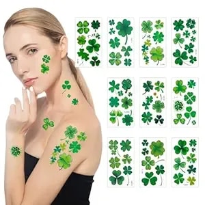 Hamuitci St Patricks Day Tattoos, Waterproof Green Shamrock Lucky Clover Temporary Tattoo Stickers For St. Patrick'S Day, Saint Patricks Day Accessories & Face Makeup Decor, Irish Party Favors & Gifts