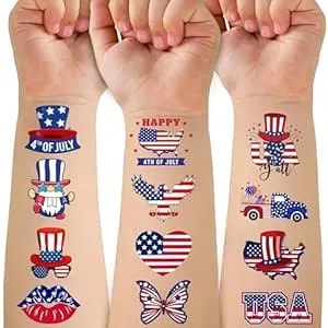 Fourth Of July Temporary Tattoos For Kids, Red White And Blue Themed Tattoos For Birthday Party Supplies Usa Flag Memorial Day Independence Day Labor Day Tattoo Stickers For Kids Boys Girls