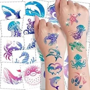 108 Pcs Glitter Ocean Animal Temporary Tattoos - Pre-Cut Waterproof Under The Sea Creatures For Kids - Shark, Shell & Dolphin, Summer Beach Pool And Birthday Party Favors Supplies & Decorations