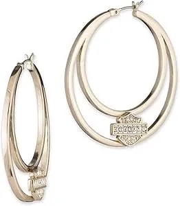 Harley-Davidson Women'S Bar & Shield Crystal Large Hoop Earrings, Gold Plated