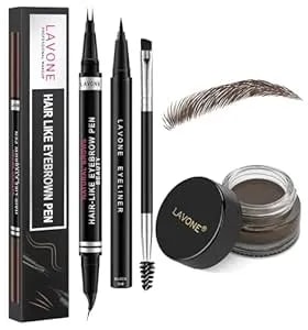 Lavone Hair-Like Eyebrow Pen Makeup Kit, Eyebrow Pencils For Women With Waterproof Microblading Eyebrow Pencil, Eyebrow Pomade, Eyeliner And Eyebrow Brush, Create Full, Natural Brows, Medium Brown