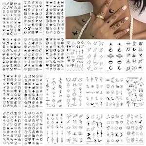 Kylelove 698 Pcs Small Tiny Temporary Tattoos For Women Finger Hands Kids,24 Sheets Bulk Mini Cute Black Long Lasting Cartoon Bohemia Realistic Face Fake Tattoo Stickers Vintage Tatoos For Girls Boys