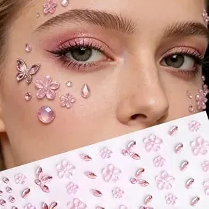 Pink Flower Face Gems Stickers - 2 Sheets Self-Adhesive Rhinestone Face Jewels With Floral Decals, Festival Makeup Flower Face Stickers Floral Fcae Gems For Women Tattoo Stickers (Pink)