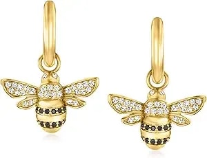 Ross-Simons Italian .50 Ct. T.W. Black And White Cz Removable Bumblebee Charm Huggie Hoop Earrings In 18kt Gold Over Sterling