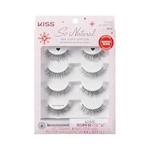 Kiss So Natural Holiday False Eyelashes, ‘Shy Natural’, 8mm-10mm, Natural Volume, Tapered Ends, 3 Pairs + 1 Pair With Glitter, Kiss Superstick Strip Lash Adhesive, Clear, Net Wt. 4.8g (0.17 Oz.)