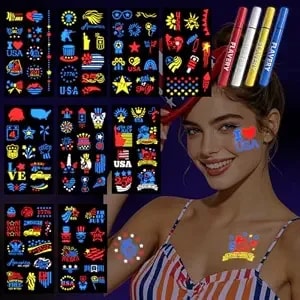 4th Of July Glow Tattoo Markers With Tattoos Stencils Stickers For Face Body Paint, 4 Uv Light Body Paint Pens For Independence Day Party Supplies