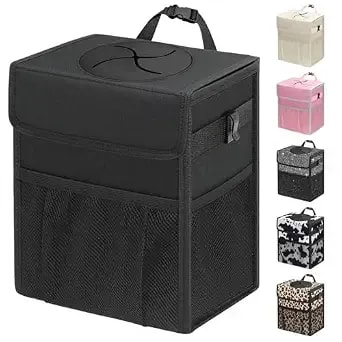 Capolo Car Trash Can With Lid, Leakproof Car Garbage Can Car Trash Bag - Waterproof, Trash Can For Car, 3 Mesh Pockets, Mini Hanging Vehicle Car Trash Bin, For Back/Front Seat (Black,2.5 Gal)