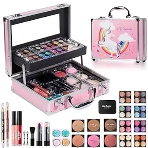 Hot Sugar Makeup Kit For Girls, Makeup Set With Reusable Train Case Includes Eyeshadow Palette, Blush, Lipstick, Lip Pencil, Eye Pencil