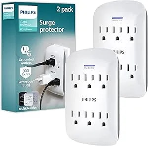 Philips 6-Outlet Extender Surge Protector, 2 Pack, Wall Tap, 900 Joules, 3-Prong, Space Saving Design, Protection Indicator Led Light, Etl Listed, White, spp3466wa/37