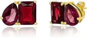 14k Gold Plated January Birthstone Two Tone Stud Earrings For Women With Secure Pushbacks, Garnet Color Earrings