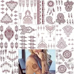 10 Sheets Henna Tattoos Temporary Stickers 10pcs Brown Tattoo Templates Women Body Art Stickers For Wedding Party(10pcs Brown)