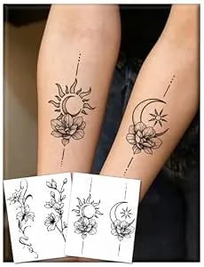 2 Sheets Semi Permanent Temporary Tattoos For Women Men, Realistic Sun Moon & Floral Designs, Waterproof Non-Reflective For Arm Leg Waist, Lasts 1-2 Weeks Tattoo Stickers For Summer Beach