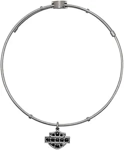 Harley-Davidson Women'S Black Bling B&S Bangle Bracelet, Stainless Steel, Adjustable 7.5"