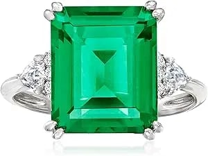 Ross-Simons 6.00 Ct. T.W. Simulated Emerald And .19 Ct. T.W. Cz Ring In Sterling Silver