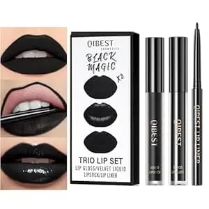3pcs Black Matte Liquid Lipstick,High-Pigment Lip Colors,3 In 1 Black Lipstick And Lip Liner Lip Gloss Trio Lip Set Moisturizing Velvet Long-Lasting Waterproof Lip Makeup Set For Women And Girls
