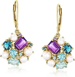 Ross-Simons 4-5mm Cultured Pearl And 4.71 Ct. T.W. Multi-Gemstone Drop Earrings In 18kt Gold Over Sterling
