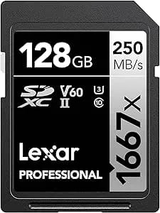 Lexar 128GB Professional 1667x SD Card, UHS-II, C10, U3, V60, Full HD, 4K, Up To 250MB/S Read SDXC Memory Card, For Professional Photographer, Videographer, Enthusiast (LSD128CBNA1667)