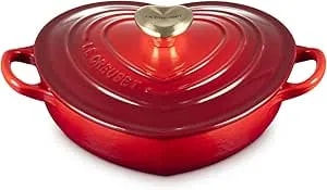 Le Creuset Enameled Cast Iron Traditional Shallow Heart Cocotte, 1.25 Qt., Cerise Light Gold Heart Knob