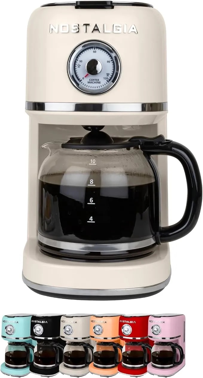 Nostalgia Classic Retro 10 Cup Coffee Maker - One-Touch Drip Brew, Reusable Filter - Anti-Drip, Auto Shutoff, & Time Display - Dishwasher Safe 50 Oz Carafe - Cream