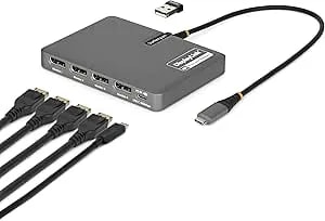 Startech USB-C To Quad Displayport 4K60, 4K120 Workstation Dock, 140W PD Passthrough, USB For Keyboard And Mouse, Windows, Mac M1-M5, USB4, Thunderbolt, Displaylink DL7400, TAA (Quad-USB-DP-Adapt)