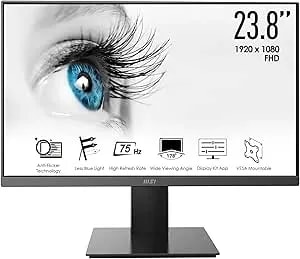 Msi Pro MP241X 24” Monitor, Full HD 1080p, 75Hz Refresh Rate, Anti-Glare Display, Less Blue Light, VESA Mountable, HDMI And VGA, Black