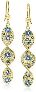 Ross-Simons Italian Tonal Blue Enamel Floral Twisted Drop Earrings In 18kt Gold Over Sterling