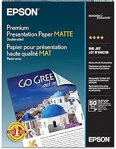 Epson Premium Presentation Paper Matte (8.5x11 Inches, Double-Sided, 50 Sheets) (S041568),Bright White