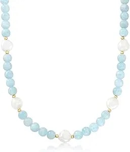Ross-Simons 190.00 Ct. T.W. Aquamarine Bead And 11-12mm Cultured Baroque Pearl Necklace With 14kt Yellow Gold