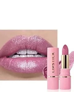 Metallic Nude Pink Glitter Lipstick Long Lasting,Glitter Lipstick Diamond Shimmer Lip Gloss For Women,Transfer Proof Non-Stick Lipgloss Highly Pigmented Full Coverage Red Lip Color Makeup Gift-02