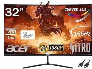 Acer Nitro 32” Curved Gaming Monitor - Fhd 1920 X 1080p - Amd Freesync - 165hz Refresh Rate - Up To 1ms - 250 Nit Brightness - Anti-Glare Widescreen, With 5ave Hdmi Cable