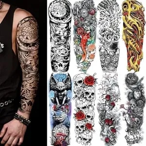 Aresvns 8 Sheets Halloween Full Arm Temporary Tattoos For Men Women Adult, Realistic Scary Skull Sleeve Tattoo, Last Long For Bbq Beach Pool Beach Party