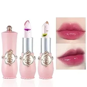Bingbrush 2pcs Color Changing Lipstick,Pink Crystal Flower Jelly Ph Mood Long Lasting Labiales Lip Care Moisturizer Lip Balm Korean Magic Lip Gloss Lip Tinted Stain Makeup Set For Women
