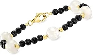 Ross-Simons 8-8.5mm Cultured Pearl And 4-4.5mm Onyx Bead Bracelet In 18kt Gold Over Sterling