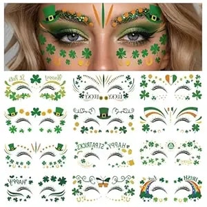 28 Sheets Saint Patrick Face Temporary Tattoo, Green Shamrock Lucky Four Leaf Clover Waterproof Fake Tattoos Face Makeup Freckles Patches For Women Girls St. Patrick'S Day Festival Party Supply