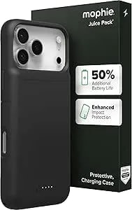 Mophie Juice Pack Battery Case For Iphone 17 Pro Max - Slim Charging Case, Up To 50% Extra Battery Life, High Impact Protection, Magnetic Back For Wallets & Mounts, Sustainable Material, Black