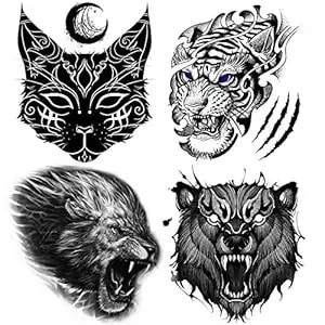 4 Sheets Waterproof Hand Back Temporary Tattoo Stickers, Halloween Black Roar Bear Tiger Lion Cat Totem