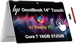 HP Omnibook 5 Flip 2-In-1 14" 2K Touchscreen Laptop, Intel 10-Core 7 150U, 16GB LPDDR5 RAM, 512GB SSD, Intel Graphics, Copilot, Backlit Keyboard, Wi-Fi 6E, Windows 11, Glacier Silver, EAT 16GB USB PEN