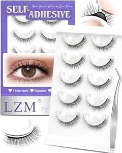 Lzm Self Adhesive Eyelashes Preglued Glueless No Glue Needed, Easy Lashes For Beginners, 10mm Natural Strip Pre Glued Glueless Lashes, Reusable Stick On Eyelashes With Tweezers (008)