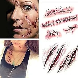 Horror Realistic Fake Bloody Wound Stitch Scar Scab Waterproof Temporary Tattoo Sticker Halloween Masquerade Prank Makeup Props
