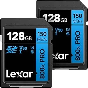 Lexar 128GB (2-Pack) High-Performance 800x PRO SD Card, UHS-I, C10, U3, V30, 4K, Up To 150MB/S Read SDXC Memory Card, For Point-And-Shoot & Mid-Range DSLR Cameras, HD Camcorders (LSD0800P128G-B2NNU)