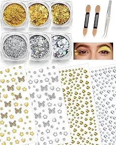 6+4 Gold Silver Face Gems Body Glitter Set: Sparkly Face Hair Glitter Gel & Self Adhesive Butterfly Heart Stars Stickers For Women Disco 50th Birthday Easter Party Makeup Accessories (Gold,Silver)
