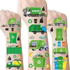 Garbage Trash Truck Temporary Tattoos - 8 Sheets 328 Pcs Trash Truck Birthday Decorations Green Recycling Rubbish Truck Party Favors Waste Management Tattoo Stickers For Kids Classroom Prizes Rewards