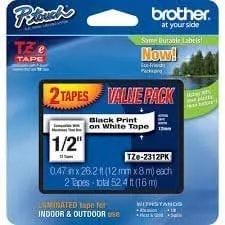 Brother Tze Tape, Black On White For pt200, 1/2" 26', 2 Pack, tze2312pk