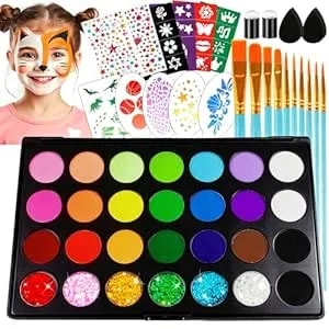 Face Painting Kit For Kids 28 Colors Water Based Non Toxic Face Paint Kit Professional Face Paint 6 Colors Glitter Gel Hypoallergenic With Brushes Stencils Gems Sponges Safe For Halloween Party
