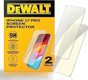 Dewalt Heavy Duty Glass Screen Protector Compatible With Iphone 17 Pro, 2 Pack Protective Tempered Glass Screen Shield, Oleophobic Case Friendly, Perfect Install Tool Included, Hd Clear