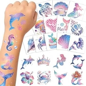 108pcs Glitter Mermaid Temporary Tattoos For Kids, Little Mermaid Birthday Decorations For Under The Sea Party Favors Supplies Accessories, Ocean Tattoo Stickers Rewards Gifts For Boys Girls