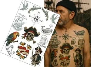 Pirate Sailor Fake Tattoos – 1 a4 Sheet – Vintage Nautical Tattoo Transfers – Realistic Pirate Ink For Film, Theatre, Cosplay – No Shine, Skin Safe