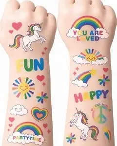Rainbow Temporary Tattoos For Kids - 86 Cute Designs, Unicorn Birthday Party Favors, Goodie Bag Fillers, Baby Shower Supplies, Waterproof Fake Tattoos